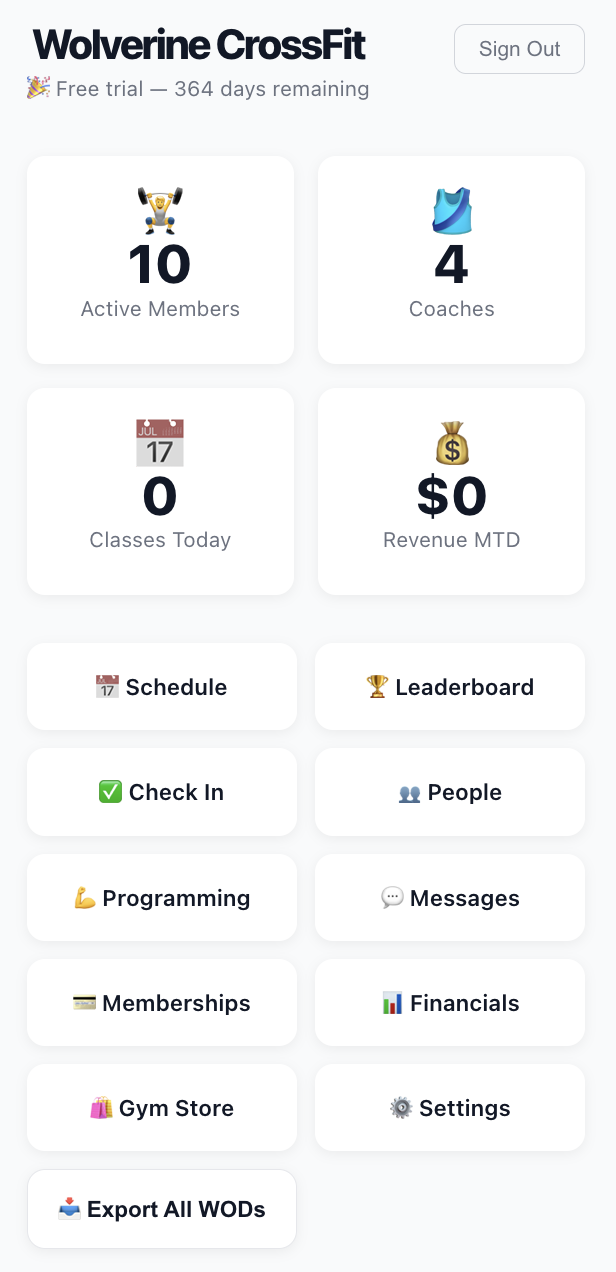WolverineWOD Owner Dashboard